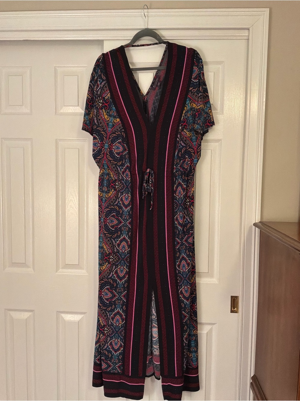 Boho V-Neck Maxi Dress with Tie Waist - Multicolor